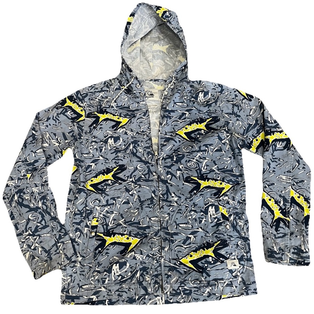 Quiksilver Jacket Mens M Blue Full Zip Hooded All Over Print Skater Surf Sharks